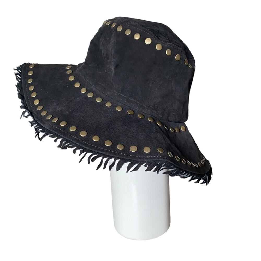 Suede Boho Black Fringe Studded Festival Bucket Hat Gold Stud one size